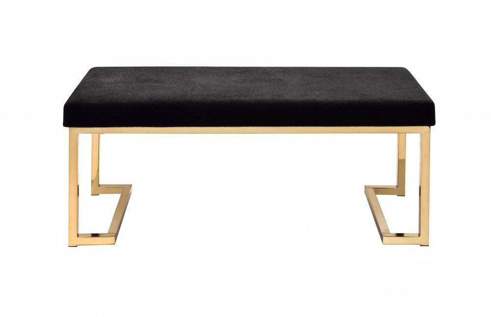 40" Black And Champagne Faux Fur And Metal Upholstered Bench