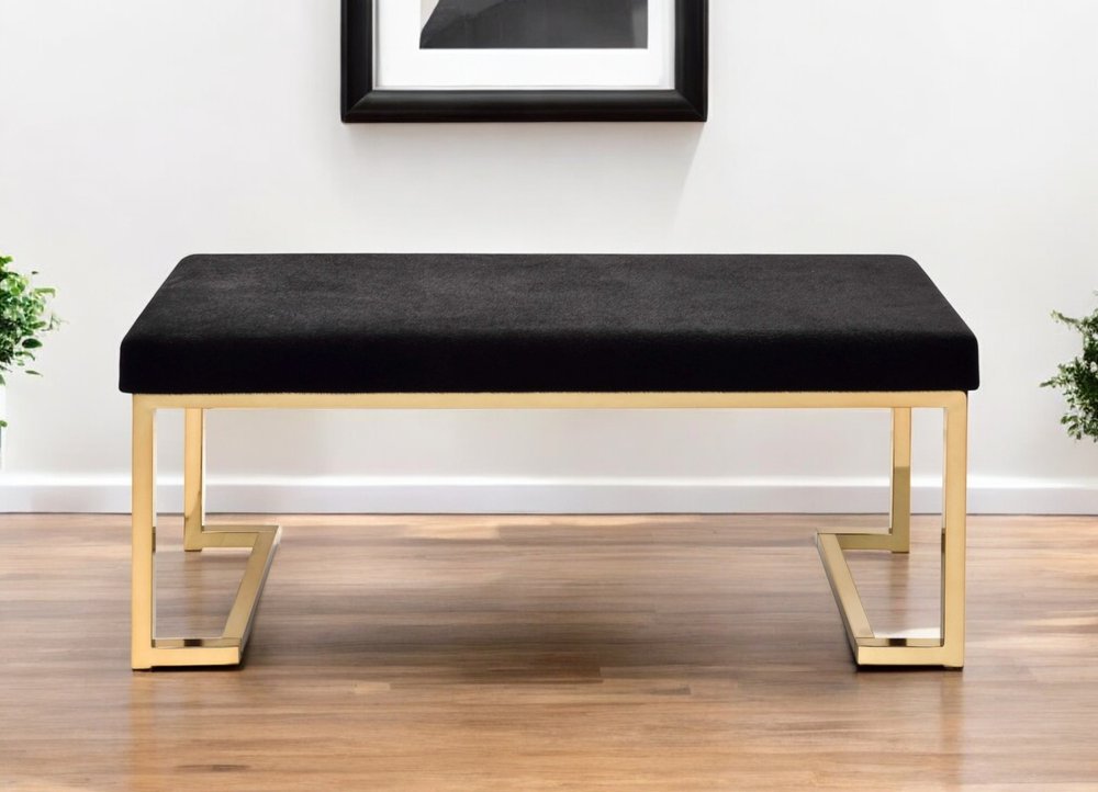 40" Black And Champagne Fabric And Steel Upholstered Bench