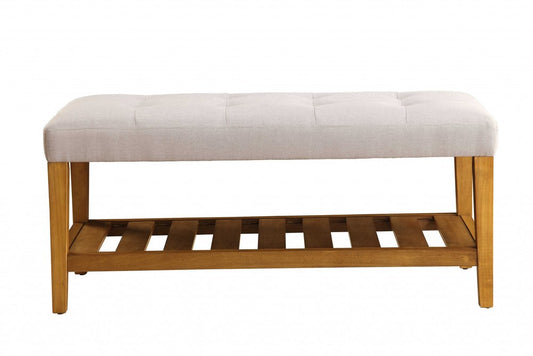 40" Light Gray And Brown Tufted Fabric And Solid Wood Upholstered Storage Bench With Shelves