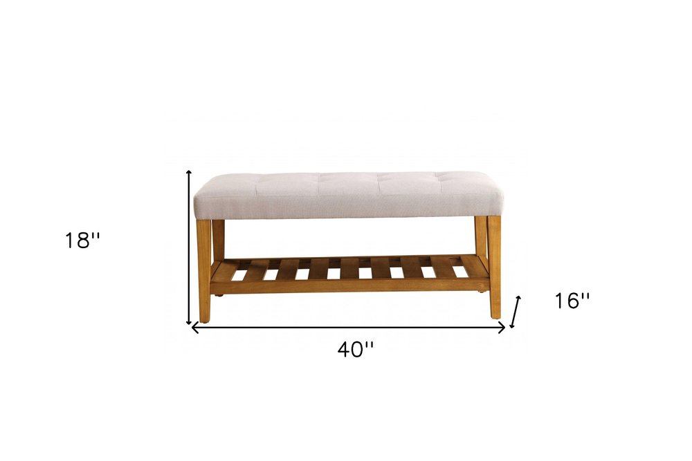 40" Blue and Brown Tufted Fabric Upholstered Storage Bench with Shelves