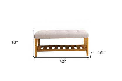 40" Blue and Brown Tufted Fabric Upholstered Storage Bench with Shelves