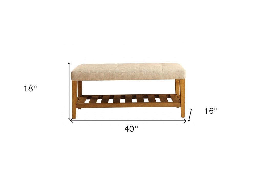 40" Gray and Brown Linen Blend and Solid Wood Upholstered Storage Bench With Shelves