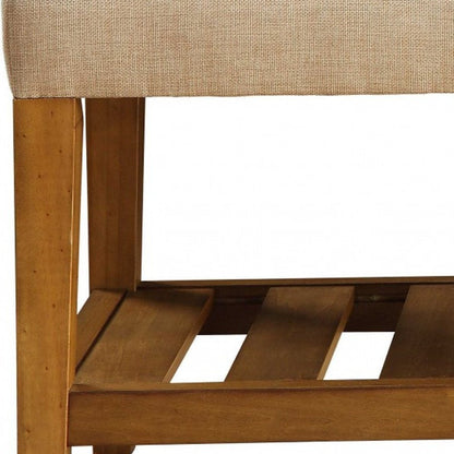 40" Gray and Brown Linen Blend and Solid Wood Upholstered Storage Bench With Shelves