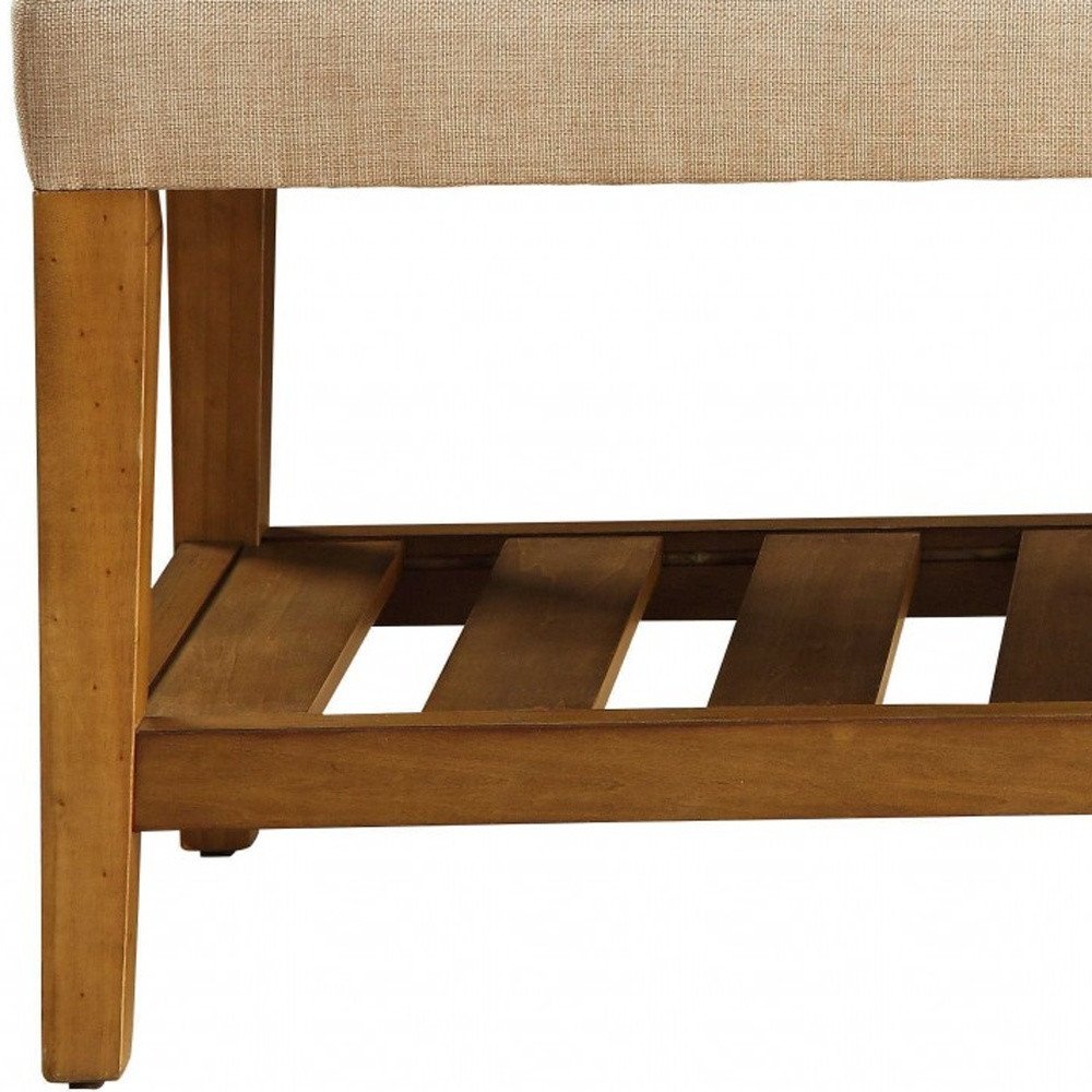 40" Gray and Brown Linen Blend and Solid Wood Upholstered Storage Bench With Shelves
