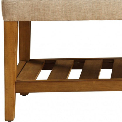 40" Gray and Brown Linen Blend and Solid Wood Upholstered Storage Bench With Shelves