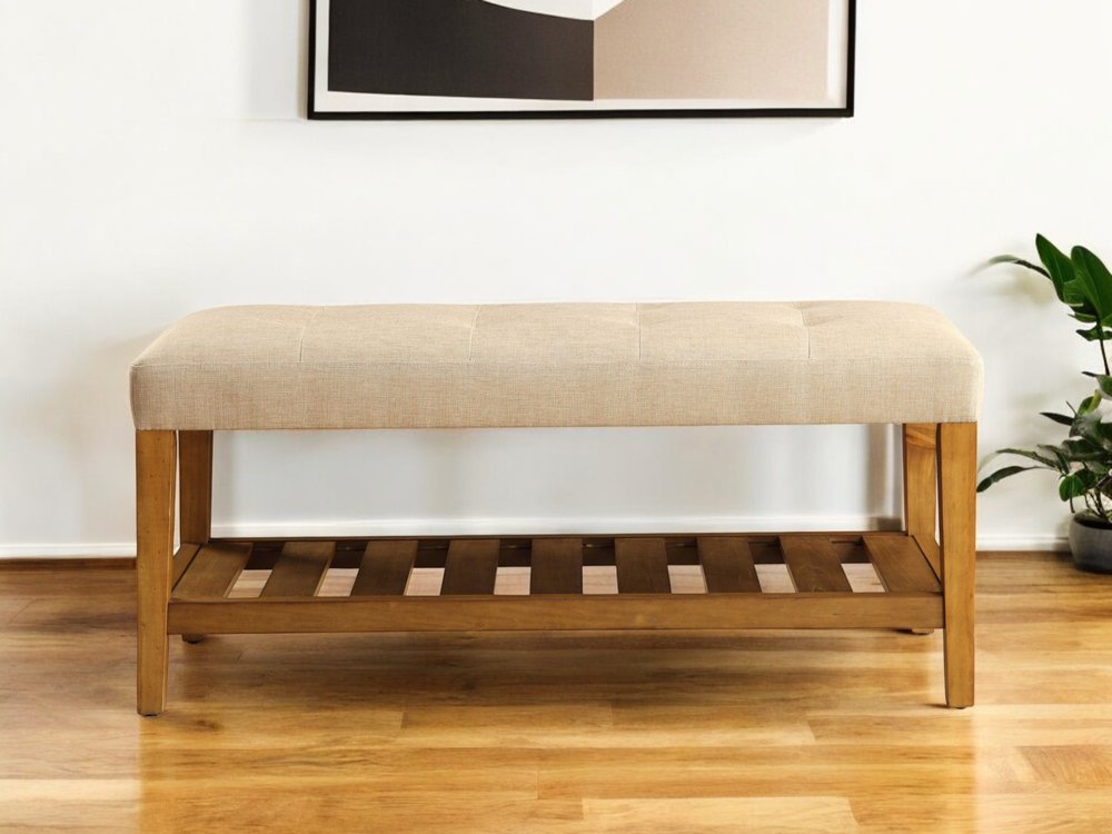 40" Gray and Brown Linen Blend and Solid Wood Upholstered Storage Bench With Shelves