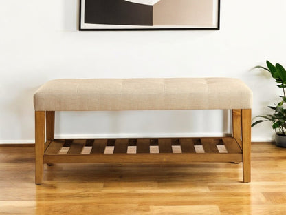 40" Gray and Brown Linen Blend and Solid Wood Upholstered Storage Bench With Shelves