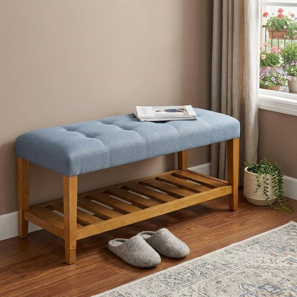 40" Light Gray and Brown Upholstered Polyester Bench with Shelves