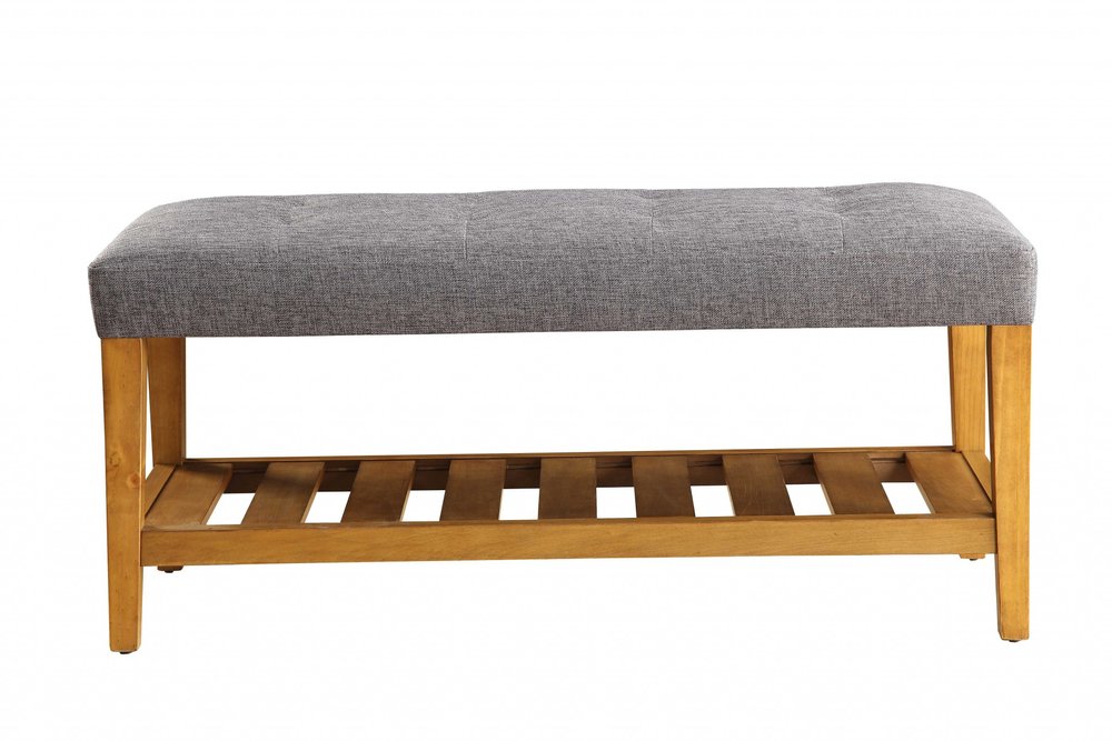 40" Gray and Brown Linen Blend and Solid Wood Upholstered Storage Bench With Shelves