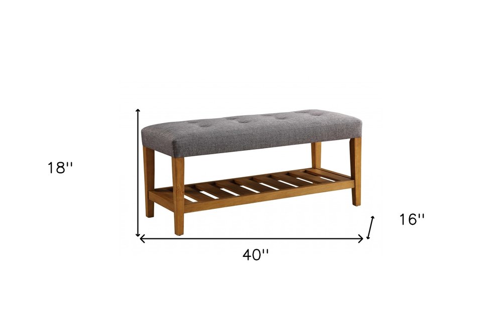 40" Beige And Brown Tufted Fabric And Solid Wood Upholstered Storage Bench With Shelves
