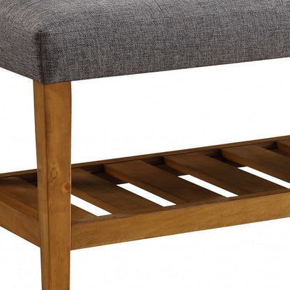 40" Beige And Brown Tufted Fabric And Solid Wood Upholstered Storage Bench With Shelves