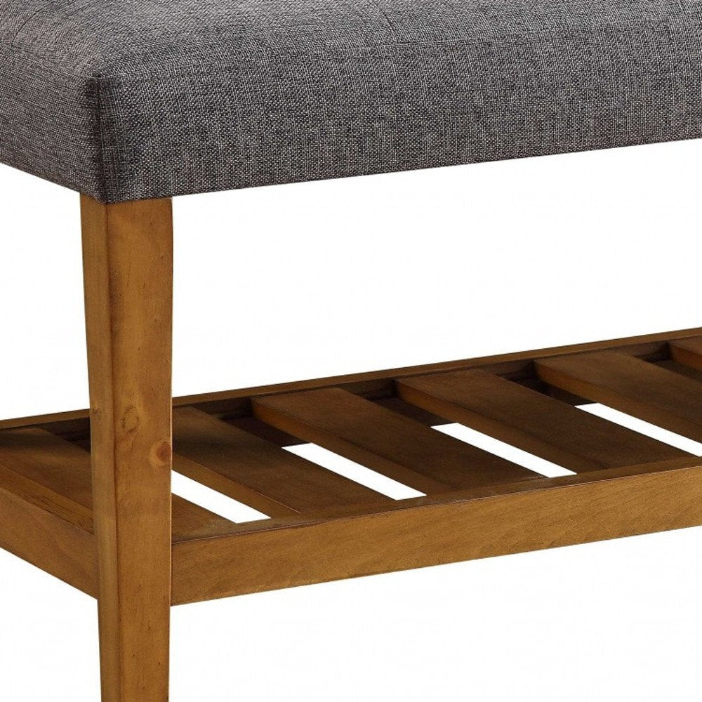 40" Gray and Brown Linen Blend and Solid Wood Upholstered Storage Bench With Shelves