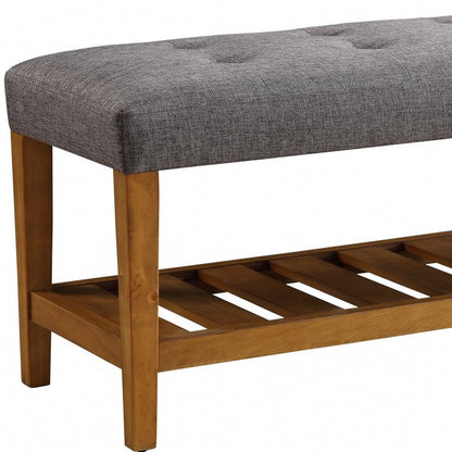 40" Gray and Brown Linen Blend and Solid Wood Upholstered Storage Bench With Shelves