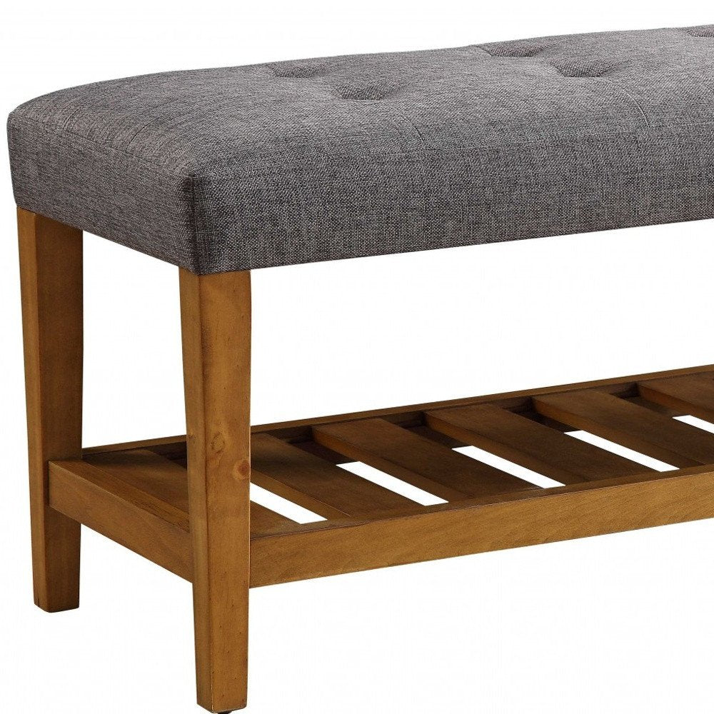 40" Beige And Brown Tufted Fabric And Solid Wood Upholstered Storage Bench With Shelves