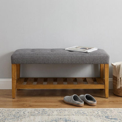 40" Beige and Brown Upholstered Polyester Bench with Shelves