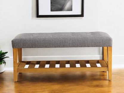 40" Beige and Brown Upholstered Polyester Bench with Shelves