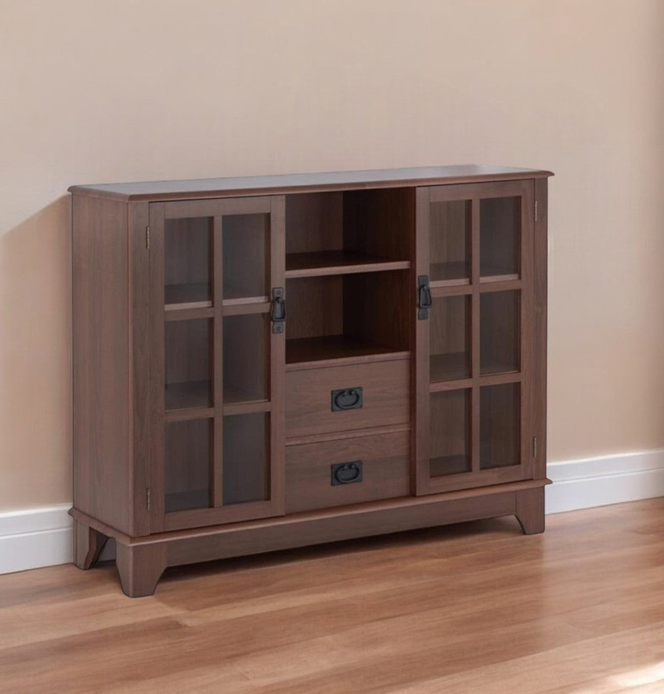 42" Brown Two Drawer Sideboard with Two Glass Doors