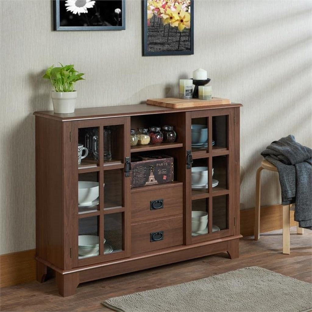 42" Brown Two Drawer Sideboard with Two Glass Doors