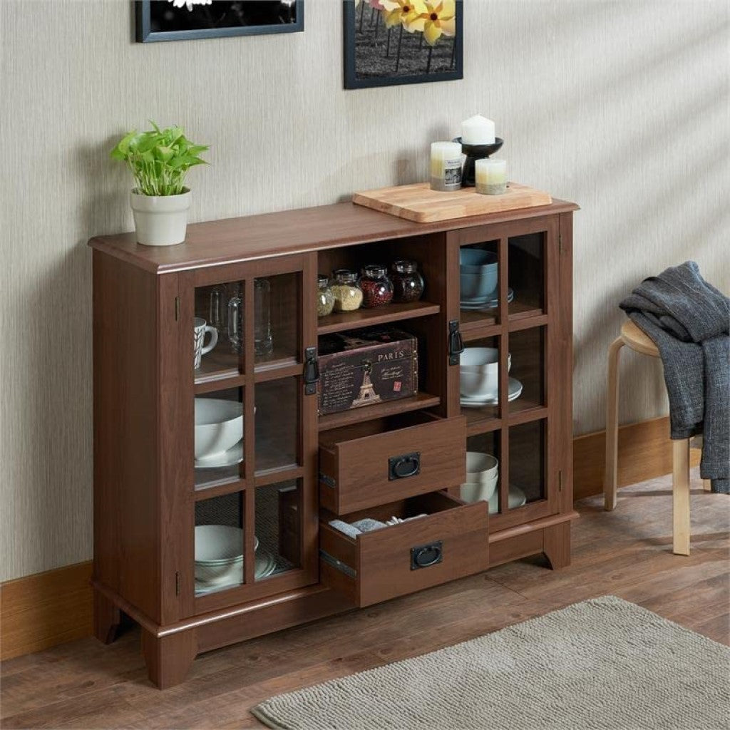 42" Brown Two Drawer Sideboard with Two Glass Doors