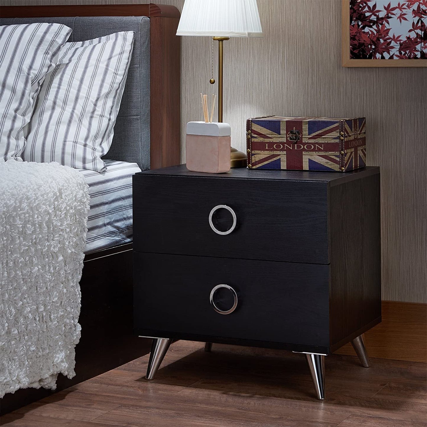 20" Black Two Drawers Chrome Nightstand