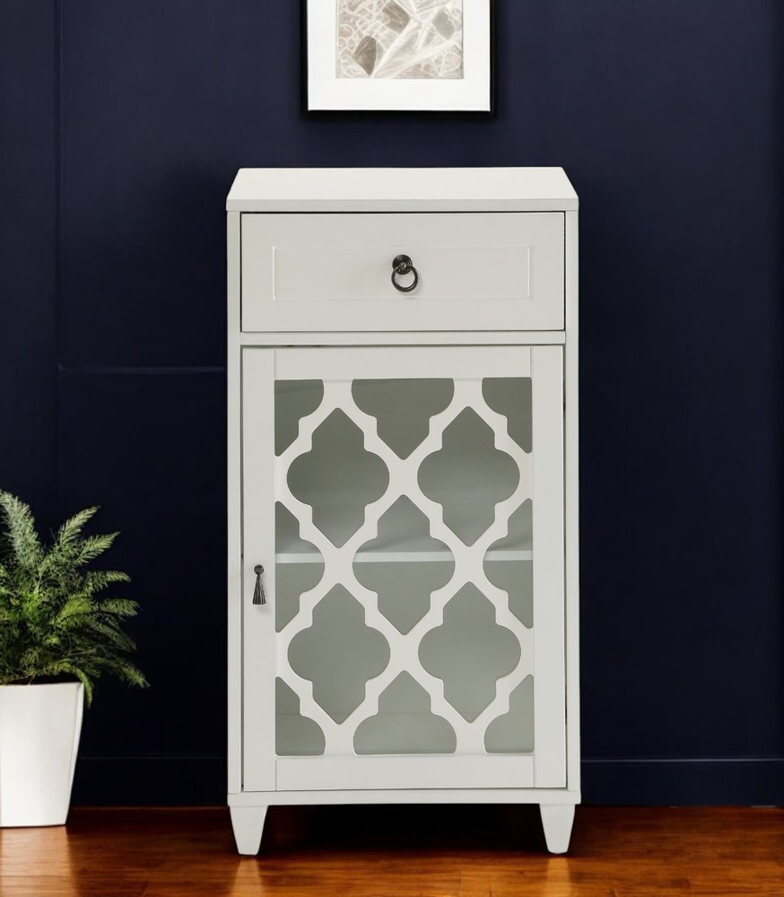 17" White Fret Work Design Glass Door Accent Cabinet