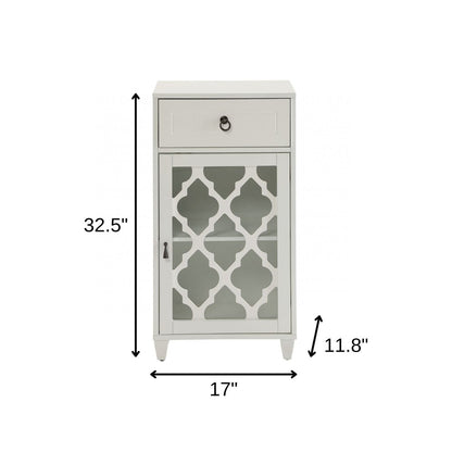17" White Fret Work Design Glass Door Accent Cabinet