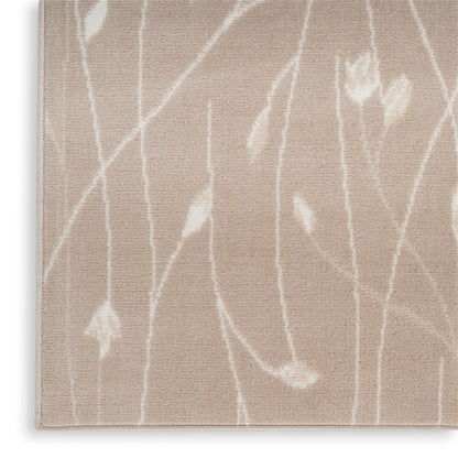 Beige shag runner rug, 6' long, with white vine-like lines; soft plush texture & modern botanical motif.