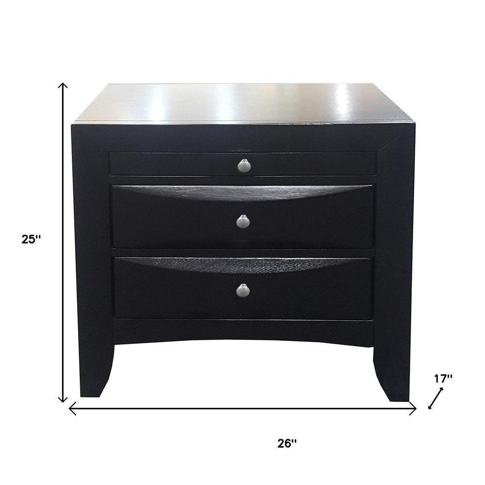 25" Black Solid Wood Three Drawer Nightstand