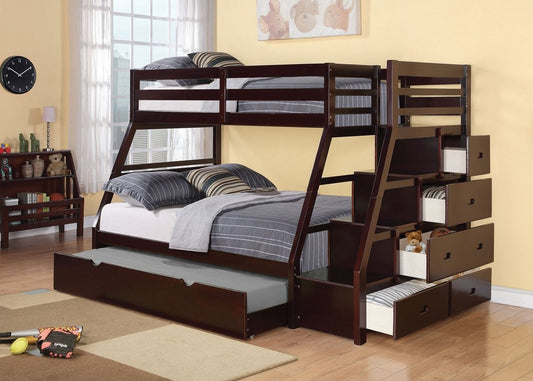 Espresso Twin Over Full Solid Wood Bunk Bed With Trundle And Storage