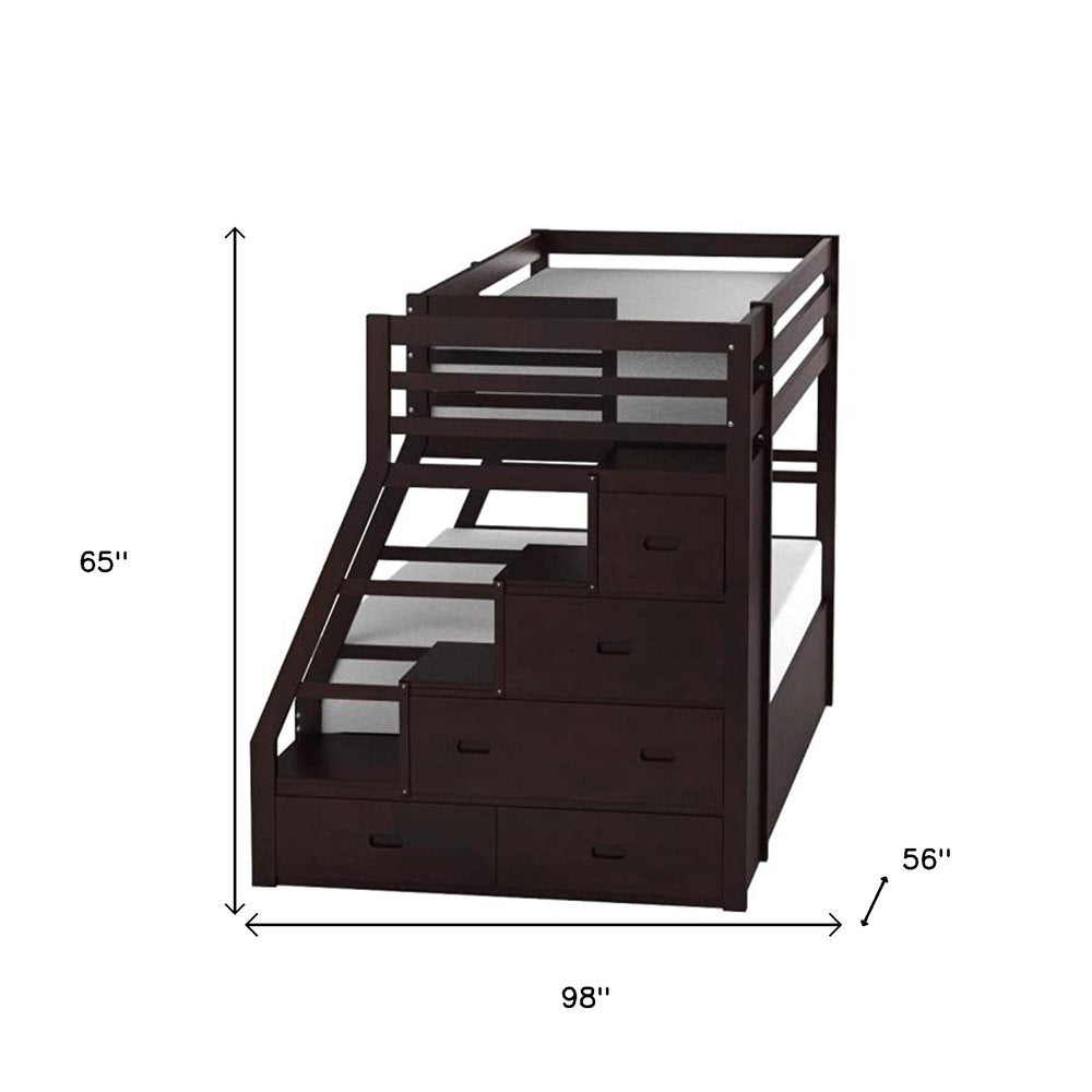 Espresso Twin Over Full Solid Wood Bunk Bed With Trundle And Storage