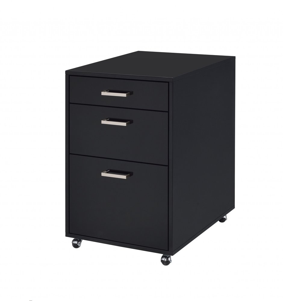 28" Black Wood And Metal Three Drawers Filing Cabinet