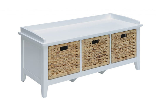 43" white distressed solid wood storage bench with baskets