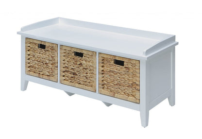 43" White Distressed Solid Wood Storage Bench with Baskets