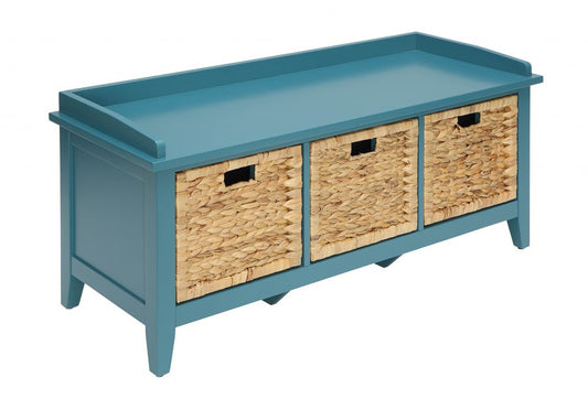 43" Teal Blue Solid Wood Storage Bench With Baskets