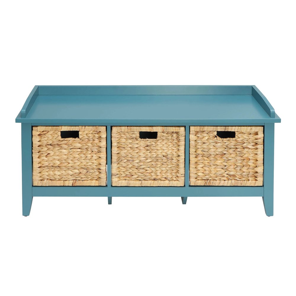 43" Teal Blue Solid Wood Storage Bench With Baskets