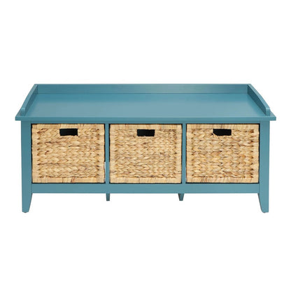 43" Teal Blue Solid Wood Storage Bench With Baskets