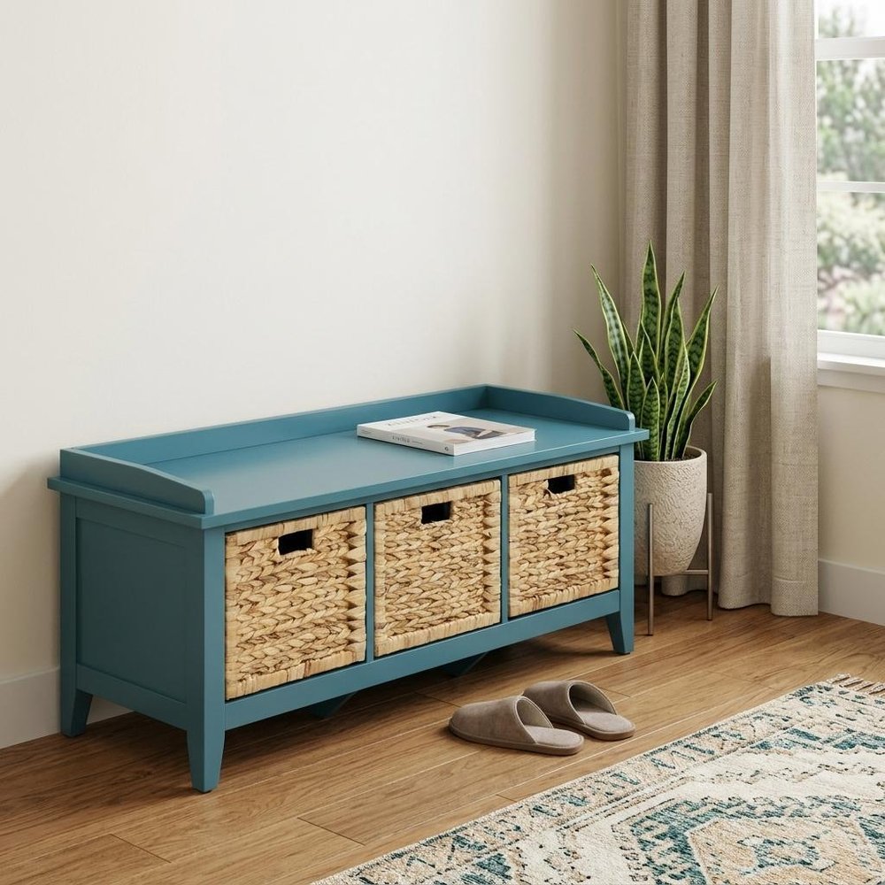 43" Teal Blue Solid Wood Storage Bench with Drawers