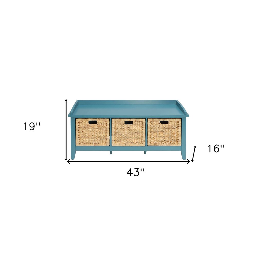 43" Teal Blue Solid Wood Storage Bench With Drawers