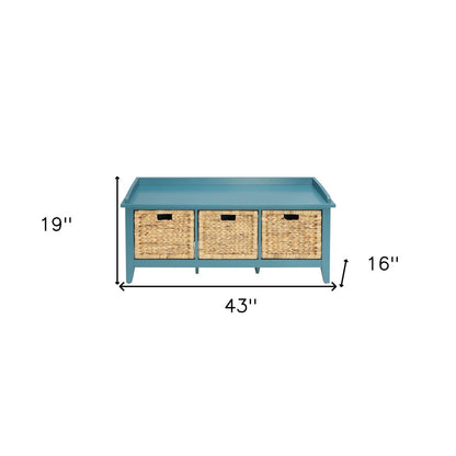 43" Teal Blue Solid Wood Storage Bench With Drawers