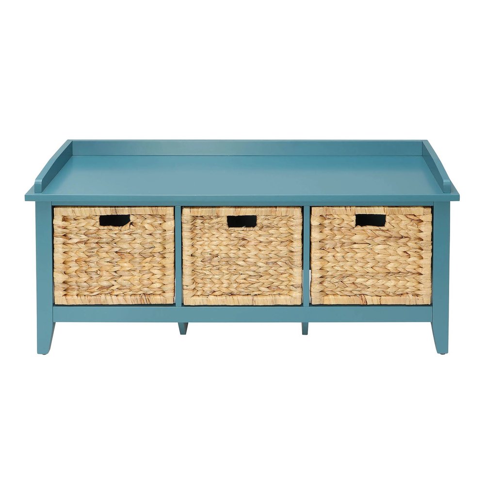 43" Teal Blue Solid Wood Storage Bench With Baskets