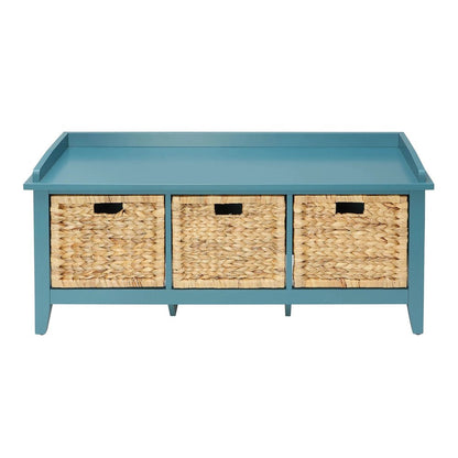 43" Teal Blue Solid Wood Storage Bench With Baskets
