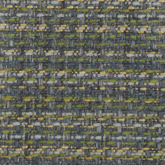Gray woven tweed fabric with yellow-green flecks; textured upholstery textile.