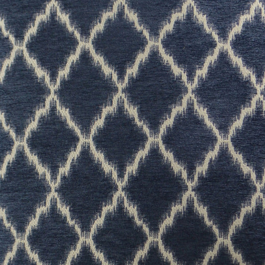 Navy blue fabric with cream diamond lattice pattern; woven textile with a geometric trellis design.