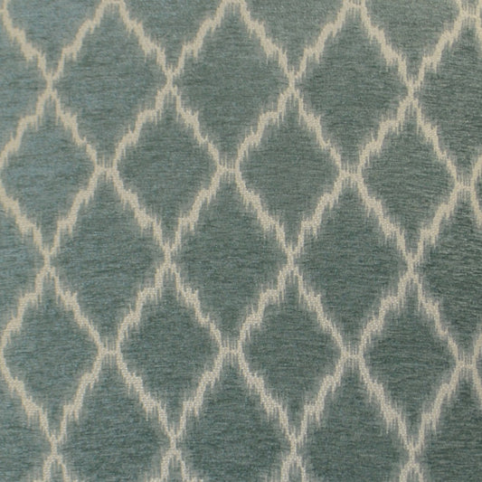 Blue-gray woven fabric with cream diamond lattice trellis pattern; soft upholstery or drapery textile.