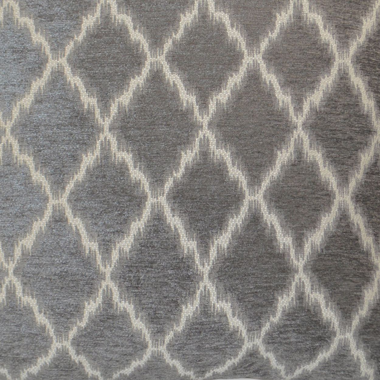 Gray fabric with a white diamond lattice trellis pattern.