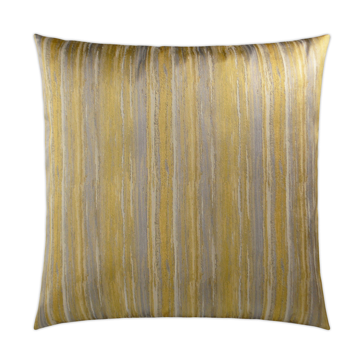 Gold and gray metallic striped vertical pattern on square velvet throw pillow.