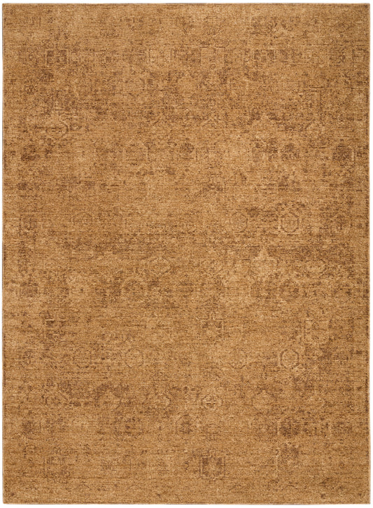 Rectangular brown distressed area rug (4' x 6') with faded antique oriental motifs; warm tan hues.
