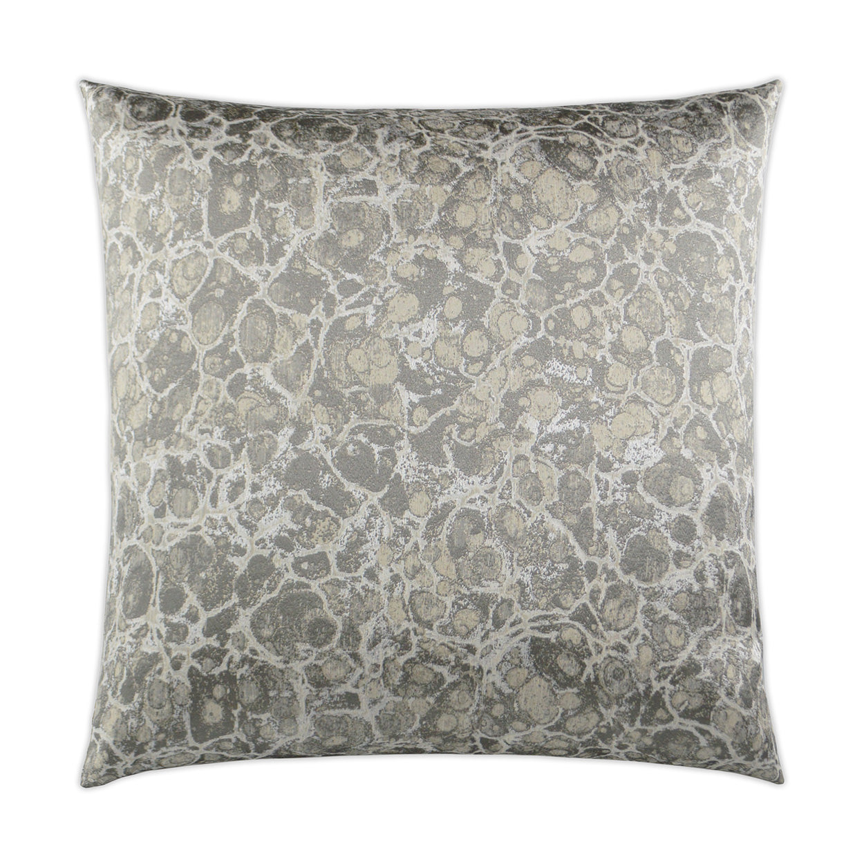 Square decorative pillow with terrazzo pattern in gray; textured neutral tones for sofa.
