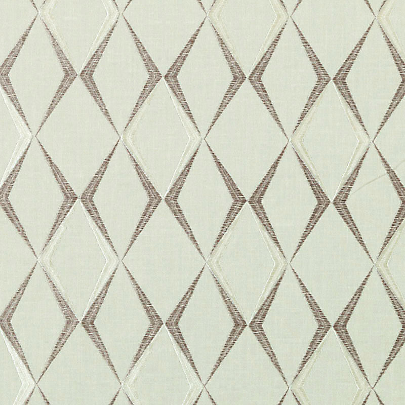 Mint & cream diamond lattice upholstery fabric with taupe stitched lines; geometric mid-century pattern.