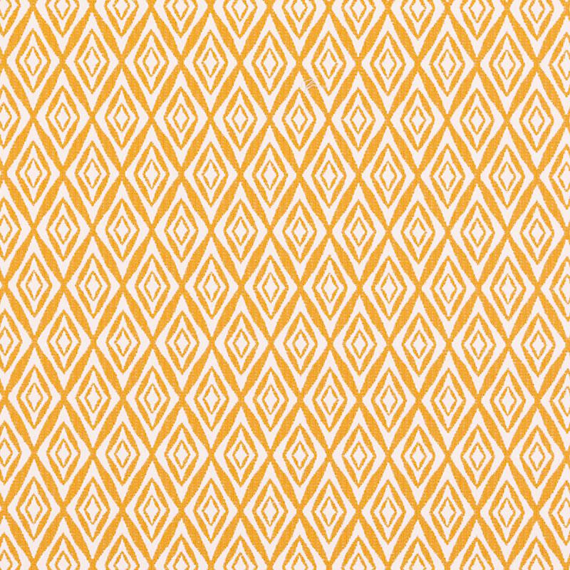Orange and white diamond geometric upholstery fabric with ikat-inspired motif.